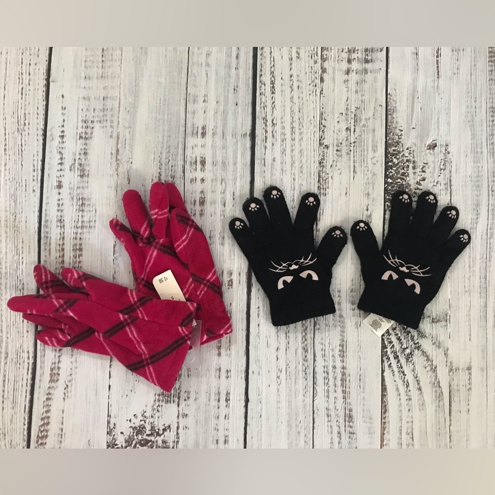 Kids gloves - size small - cat gloves - pink plaid gloves